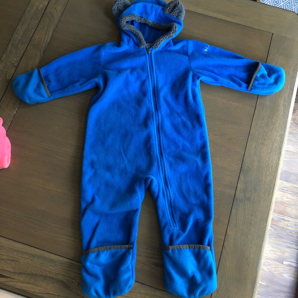 Columbia blue fleece baby bunting with bear ears